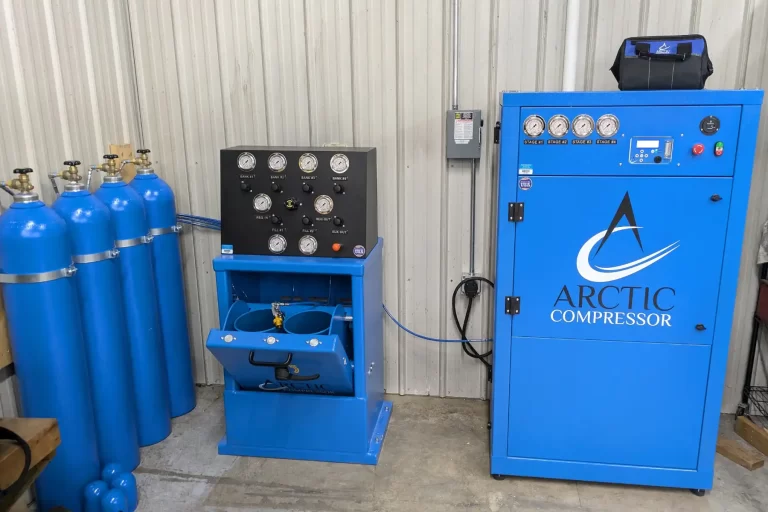 Arctic 1500 Series Enclosed Compressor with a SCBA Fill Station and Air Storage Cylinders.