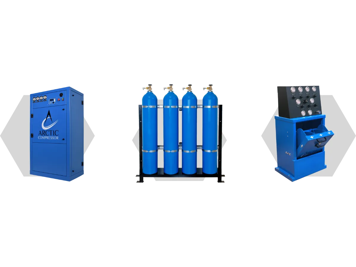 A breathing air system - breathing air compressor, cascade storage cylinders, and containment fill station